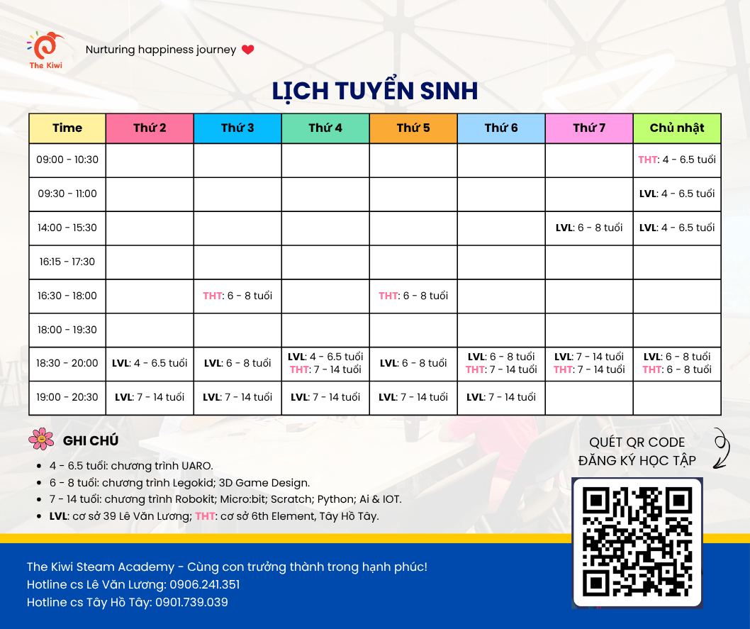Lịch tuyển sinh các lớp robotic dành cho trẻ em từ 4 - 14 tuổi tại Lê Văn Lương, Tây Hồ, Hà Nội