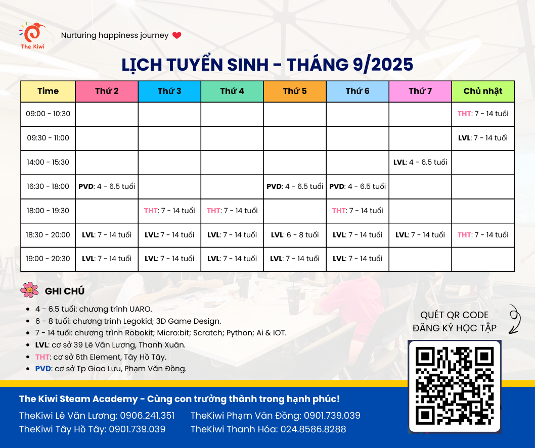 The Kiwi tuyển sinh lớp học lập trình robotic dành cho trẻ em từ 4 đến 14 tuổi tại Hà Nội, Mỹ Đình, Cầu Giấy, Thanh Xuân, Hoàng Quốc Việt, Tây Hồ, Phạm Văn Đồng, Thành Phố Giao Lưu...